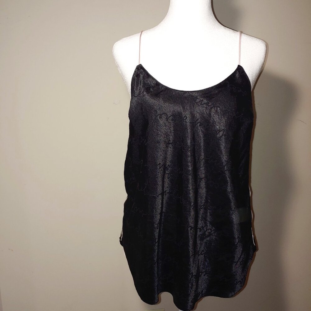 Victoria's Secret Satin Racerback Cami Top Black with Pink Spaghetti Strap Sz L